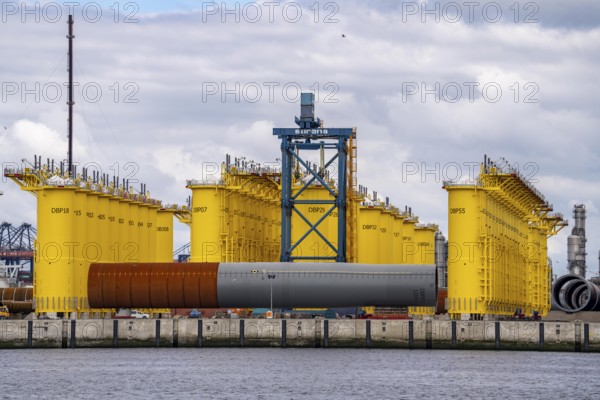 SIF Offshore Foundaitons, production of foundations, monopiles, for offshore wind turbines, the wind turbines are assembled on these pipes, which are installed in the seabed at a depth of up to 60 metres, production plant in the seaport of Rotterdam, Maasvlakte, Rotterdam Netherlands