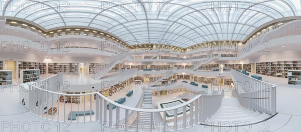 Galeriesaaal, Modern library with glass roof and white stairs, surrounded by bookshelves in a bright open space, 360 degree panorama, public library am Mailänder Platz, empty, Stuttgart, Germany, Europe