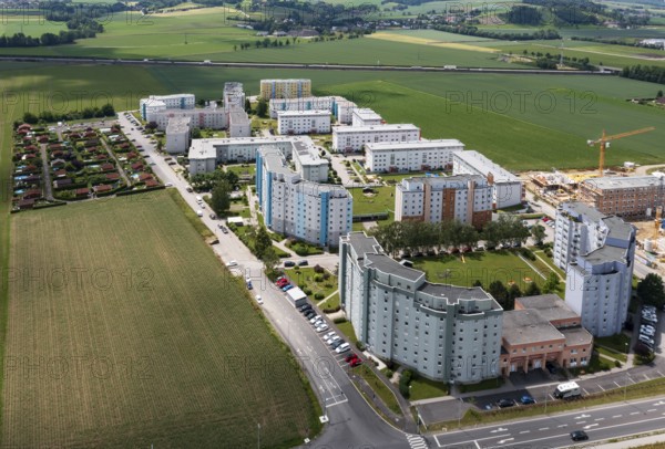 Drone image, residential building, high-rise estate and allotment garden estate, Asten, Linz Land district, Upper Austria, Austria, Europe