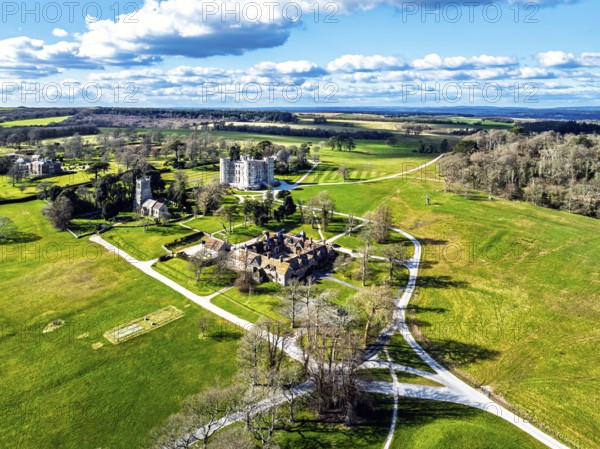 Lulworth Castle from a drone, Lulworth Estate, Camp Bestival, East Lulworth, Dorset, England, United Kingdom, Europe