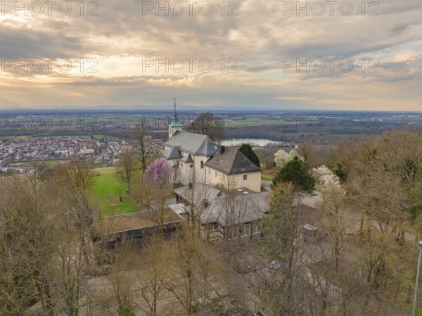 Panoramic view of a church with a view of the village and a cloudy landscape in the background, Michelsberg, Bad Münstereifel