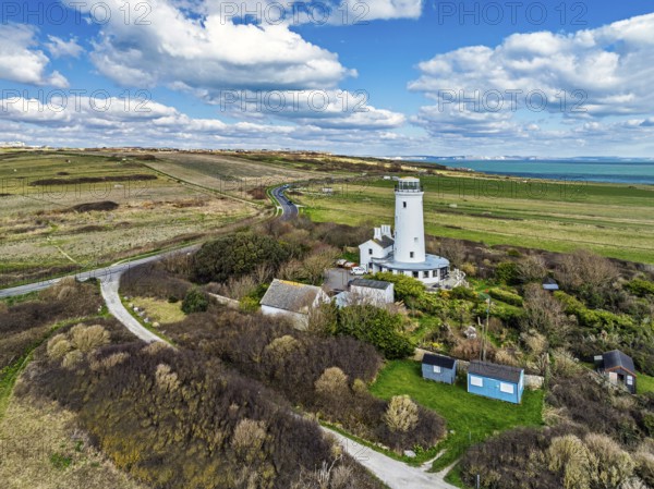 Portland Bird Observatory from a drone, Bill Lighthouse, Portland Bill, Isle of Portland, Dorset, England, United Kingdom, Europe