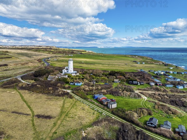 Portland Bird Observatory from a drone, Bill Lighthouse, Portland Bill, Isle of Portland, Dorset, England, United Kingdom, Europe
