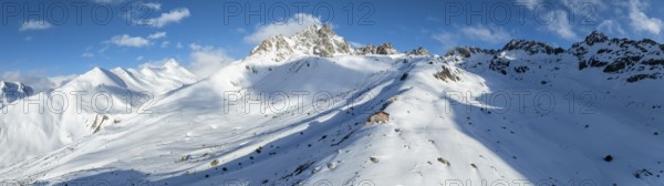 Alpine panorama, aerial view, Alpine Club hut of the SAC in winter, Chamanna d'Es-cha, Pitz Blaisun, Albula Alps, Grisons, Switzerland, Europe