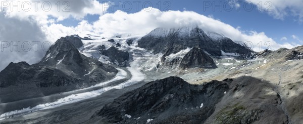 Aerial view, mountain landscape with glacier tongue Glacier de Cheilon and summit Mont Blanc de Cheilon, Valais, Western Alps, Switzerland, Europe
