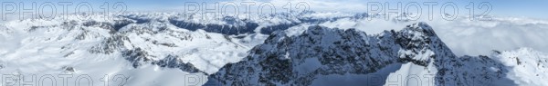 Alpine panorama, aerial view, mountain peak Piz Kesch and glacier Vadret da Porchabella, Albula Alps, Rhaetian Alps, Grisons, Eastern Switzerland, Switzerland, Europe