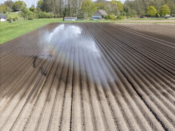 Artificial irrigation of a potato field in April, with a sprinkler system, long drought in spring makes this necessary, for the total of 7.5 hectares 3 full days are needed to get the necessary moisture for the freshly sown potato plants, south of Straelen, Lower Rhine, North Rhine-Westphalia, Germany, Europe