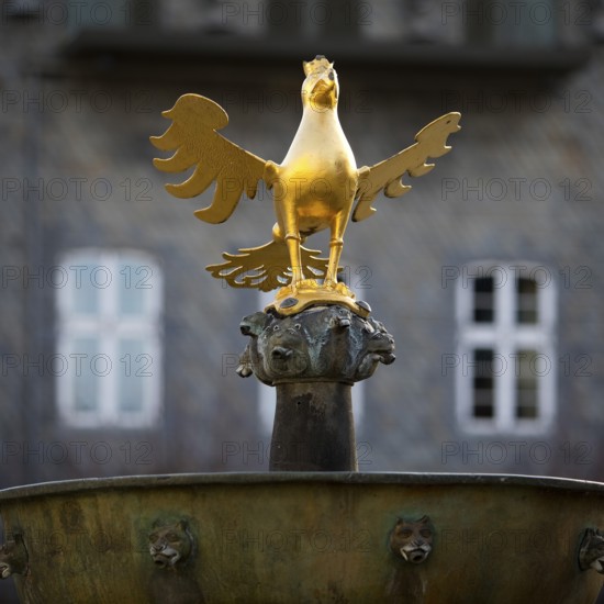 Gilded imperial eagle as a fountain eagle on the market fountain, Old Town, Goslar, UNESCO World Heritage Site, Lower Saxony, Germany, Europe