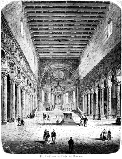 Basilica di Sant'Apollinare in Classe, Ravenna, early Christian church, altar, portico, visitors, Italy, historical illustration 1880, Europe