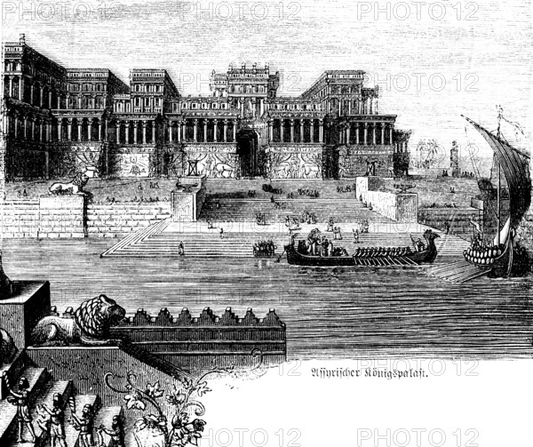 Assyrian royal palace, magnificent architecture, river, ships, rowers, sails, steps, columned building, historical illustration 1880