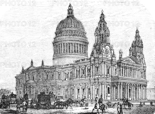 St Paul's Cathedral, St Paul's Cathedral, domed church, people, horse-drawn carriages, London, architect Christopher Wren, England, historical illustration 1880