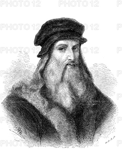 Leonardo da Vinci, 15 April 1452, 2 May 1519, an Italian painter, sculptor, architect, anatomist, mechanic, engineer and natural philosopher, Historical, digital reproduction of an original from the 19th century