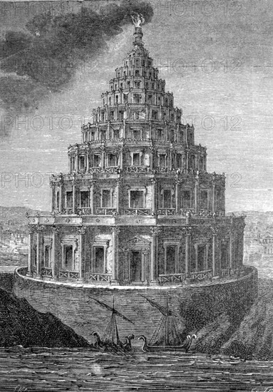Lighthouse of Alexandria, according to tradition the first lighthouse ever, Pharos Island, Pharos of Alexandria, Wonder of the World, Historical, digital reproduction of an original from the 19th century