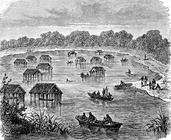 Africa, Pile dwellings in Lake Mohrja, Urua, Kingdom of the Luba in the south-east of today's Democratic Republic of Congo, around 1870, Historical, digital reproduction of an original from the 19th century