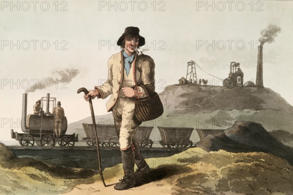 Scene from everyday life in England around 1810, The miner in front of the colliery, Mine, Historical, digitally restored reproduction from a 19th century original, Date unknown