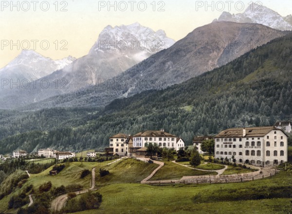 Lower Engadine, Vulpera with mountains, Graubuenden, Switzerland, Historical, digitally restored reproduction from a 19th century original, Record date not stated, Europe