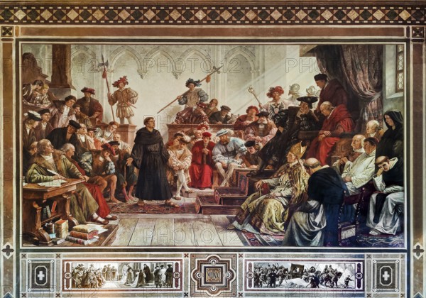 Martin Luther at the Diet of Worms in 1521, mural in the Kaisersaal Goslar by Hermann Wislicenus, Lower Saxony, Germany, Europe