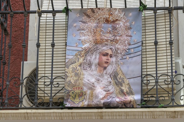 Decorated balcony for Semana Santa in Cuevas del Almanzora, Almeria, Spain, Europe