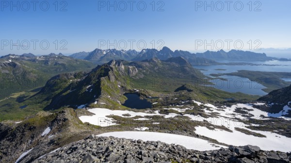 View of mountains and fjord landscape, mountain panorama, at the summit of Rundfjellet, lake Hellskarvatnet, Svolvaer, Nordland, Norway, Europe