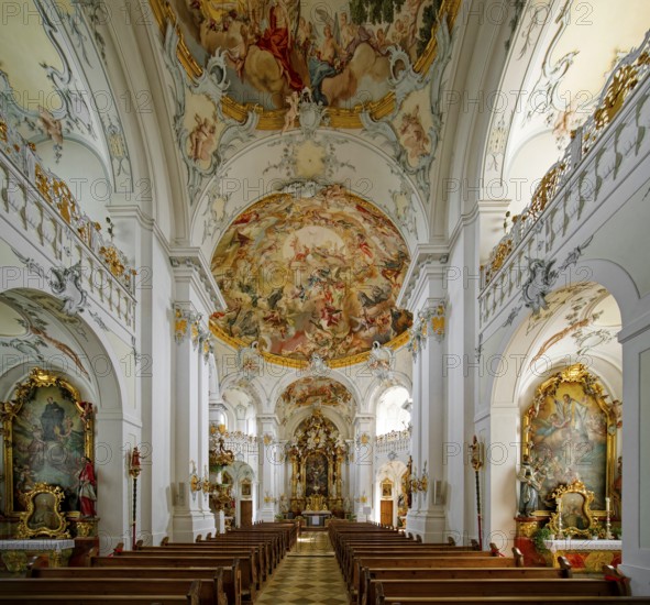 Catholic parish church of St Marinus and Anianus, former abbey church of the Benedictine monastery of Rott in rococo style, interior view, Rott am Inn, Bavaria, Germany, Europe