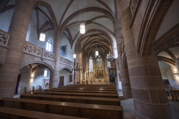 Interior with altar of the Church of St Nicholas and St Ulrich, nave built around 1400, Kirchenberg 15, Nuremberg-Mögeldorf, Middle Franconia, Bavaria, Germany, Europe