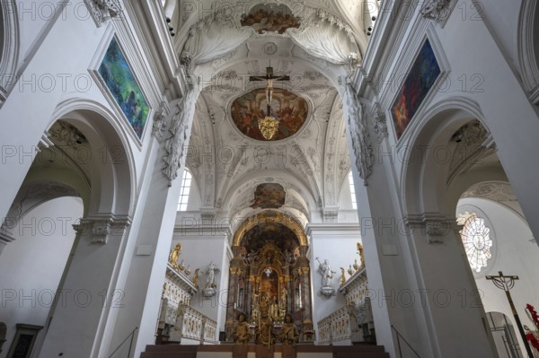 Interior with dome and chancel, Neumünster, collegiate church, Würzburg, Lower Franconia, Bavaria, Germany, Europe