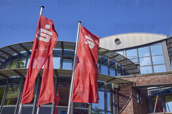 Flags with the Sparkasse logo in front of the Sparkasse Stade-Altes Land branch in Stade, Hanseatic city, district of Stade, Lower Saxony, Germany, Europe