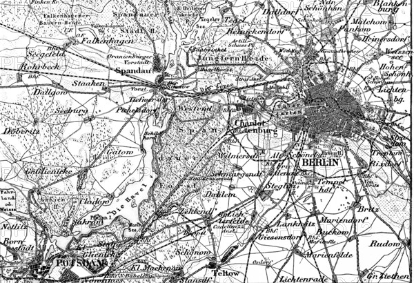 Topographic map of the capital Berlin and surroundings, Potsdam, Havel, Spandauer Forst, Jungfern Heide, Spandau, Tiergarten, Tempelhof, Charlottenburg, roads and railway lines, travel, Germany, historical illustration 1885, Europe