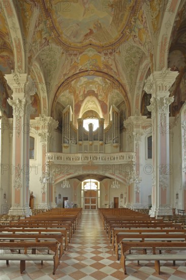 Interior view of the organ with magnificent decorations, ceiling fresco by Giuseppe Appiani, baroque, arts and crafts, painting, gallery, church, St Peter's, Old Town, Mainz, Rhine-Hesse region, Rhineland-Palatinate, Germany, Europe