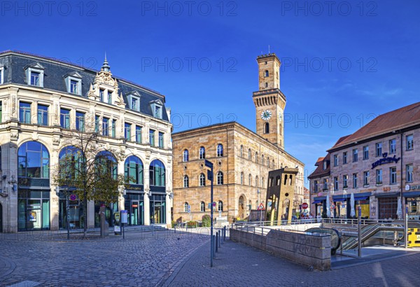 Town hall and Quintessenz sculpture on the fruit market in Fürth, Bavaria, Germany, Europe