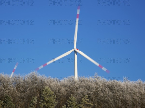Wind turbines, in the middle of a hoarfrost covered forest, beside Zierenberg in the winter, abstract image, North Hesse, Germany, Europe