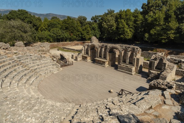 Theater and amphitheater in the archaeological ruins of Butrint or Butrinto National Park in Albania