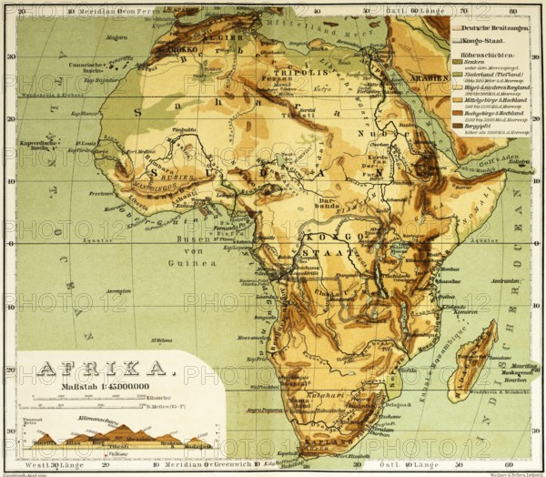 Topographical map of Africa in the 19th century with longitude and latitude, elevation profile east west through the continent, mountains, deserts, rivers, Nubia, Sudan, Congo, Cape Verde Islands, travelling, historical illustration 1886, Africa