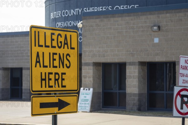 Hamilton, Ohio USA - 13 March 2025 - The Butler County, Ohio Jail, where Sheriff Richard Jones has posted a sign reading 'Illegal Aliens Here.' He has begun holding undocumented immigrants under a contract with Immigration and Customers Enforcement (ICE)