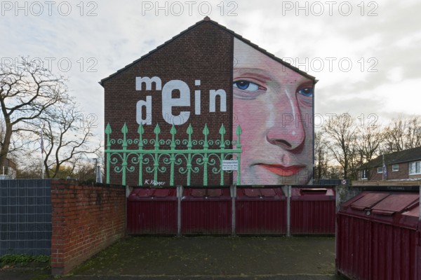 Mural Mein-Dein, Gesicht blickt über den Zaun, mural on the subject of neighbour disputes by street artist Klaus Klinger, Düsseldorf, North Rhine-Westphalia, Germany, Europe