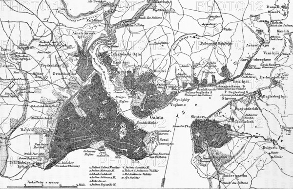 Topographic map with scale of Istanbul or Constantinople on the Sea of Marmara with surroundings, Bosporus with European and Asian part of the city, Golden Horn, geography, Turkey, historical illustration 1888, Asia
