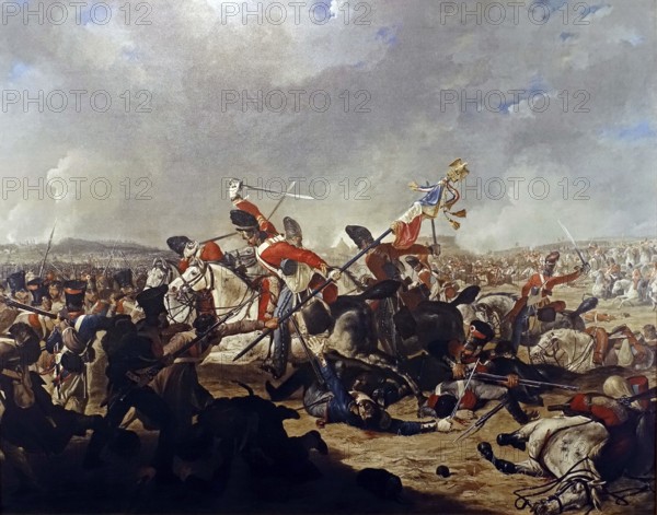 Charles Ewart of the Royal North British Dragoons capturing regimental eagle of the 45th Regiment of the Line flag at the Battle of Waterloo in 1815