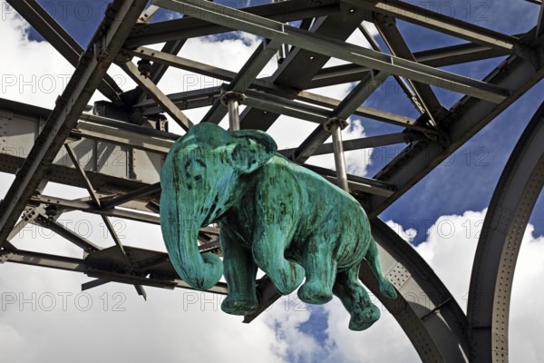 Elephant sculpture on an arch of the Wuppertal suspension railway, artist Jörg Mazur, LVR Industrial Museum, Oberhausen, Germany, Europe