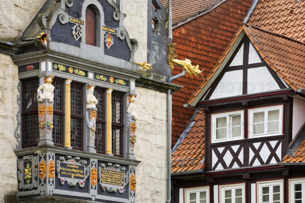 Detail of Münden Town Hall and half-timbered house, Weser Renaissance and German Half-half-timbered house House Route, Hannoversch Münden, Lower Saxony, Germany, Europe