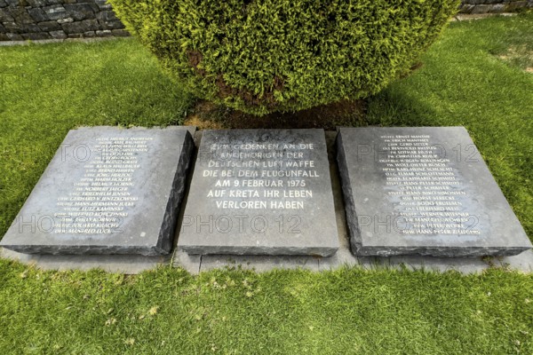 Three memorial plaques at the Maleme military cemetery with the names of the crew of a plane that crashed on Crete in 1975 and the German soldiers who died in the crash, Maleme, Crete, Greece, Europe