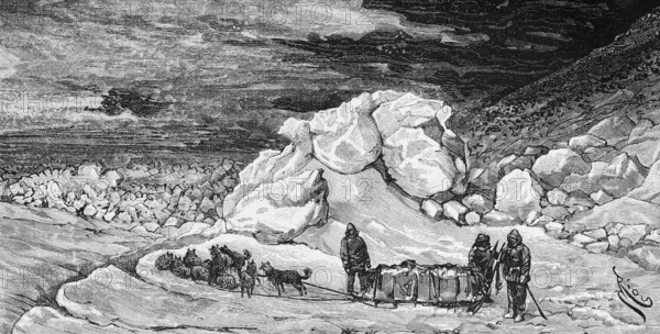 Travelling by sled on the Greenlandic ice, travel, sled dogs, icebergs, polar region, climate change, people, Greenland, historical illustration 18888, North America