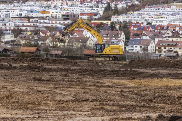 Construction work for a new development area for 460 flats in the new Böckinger Strasse neighbourhood in the Zuffenhausen-Rot district. Sealing of almost six hectares of farmland. Symbolic photo. The buildings are projects of the International Building Exhibition IBA27 in Stuttgart. Stuttgart, Baden-Württemberg, Germany, Europe