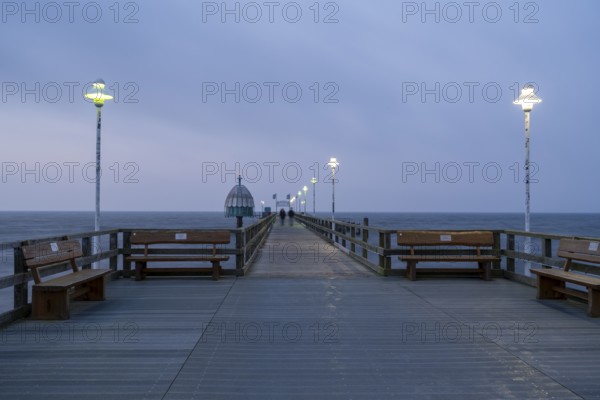Vinetabrücke, Illuminated pier with diving gondola, Blue Hour, Zinnowitz, Usedom Island, Baltic Sea, Mecklenburg-Western Pomerania, Germany, Europe
