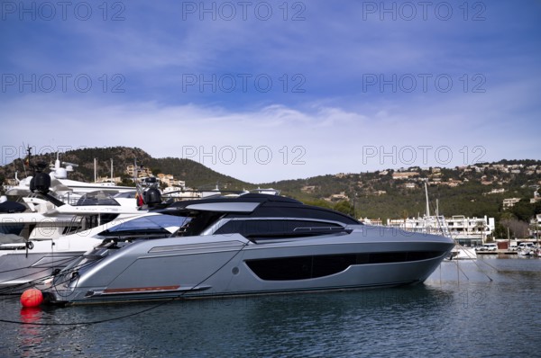Luxury yacht, yacht MIKU by Riva, approx. 4 million EURO, at anchor, marina, harbour Port d'Andratx, Majorca, Balearic Islands, Balearic Islands, Spain, Europe