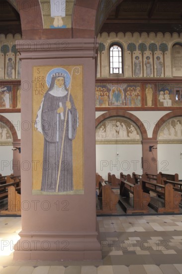 Interior view of the UNESCO monastery church of St. Hildegard with painting of Hildegard of Bingen 1089-1179 with crook, Benedictine, abbey, monastery, Eibingen, Rüdesheim, Rheingau, Taunus, Hesse, Upper Middle Rhine Valley, Germany, Europe