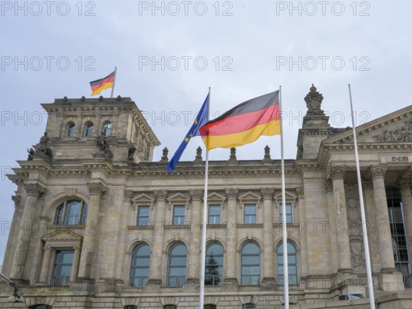 Reichstag building, German Bundestag, German flag, Platz der Republik, Berlin, Germany, Europe