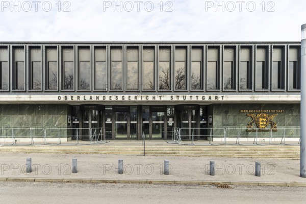 New courtroom building of the Higher Regional Court OLG in Stuttgart-Stammheim. Exterior view with state coat of arms. Stuttgart, Baden-Württemberg, Germany, Europe