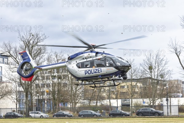 Landing approach of the new H145 police helicopter from Airbus Helicopters, which was taken over by the Saxony police helicopter squadron for the qualification and further training of flying and technical personnel Dresden, Saxony, Germany, Europe