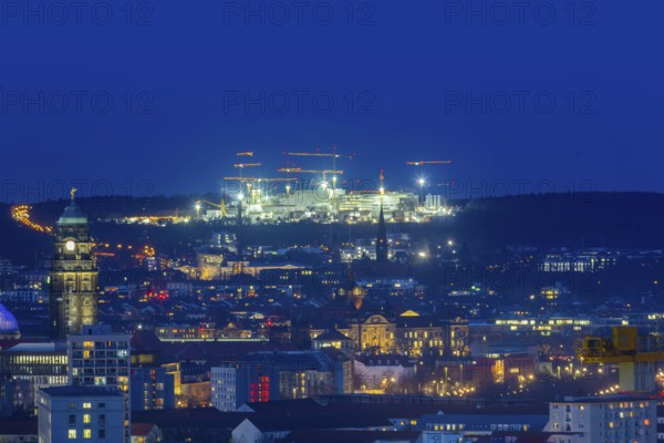 City centre of Dresden at blue hour, on the horizon the illuminated construction site of Infineon, Dresden, Saxony, Germany, Europe