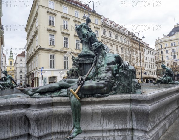 Fountain figure, allegory of the river Enns, Donnerbrunnen, created by Georg Raphael Donner 1739, largest Viennese fountain, Neuer Markt, Vienna, Land Wien, Austria, Europe